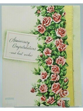 Stationary Greeting card Anniversary Roses Yellow Ribbon Embossed Fairfield VTG